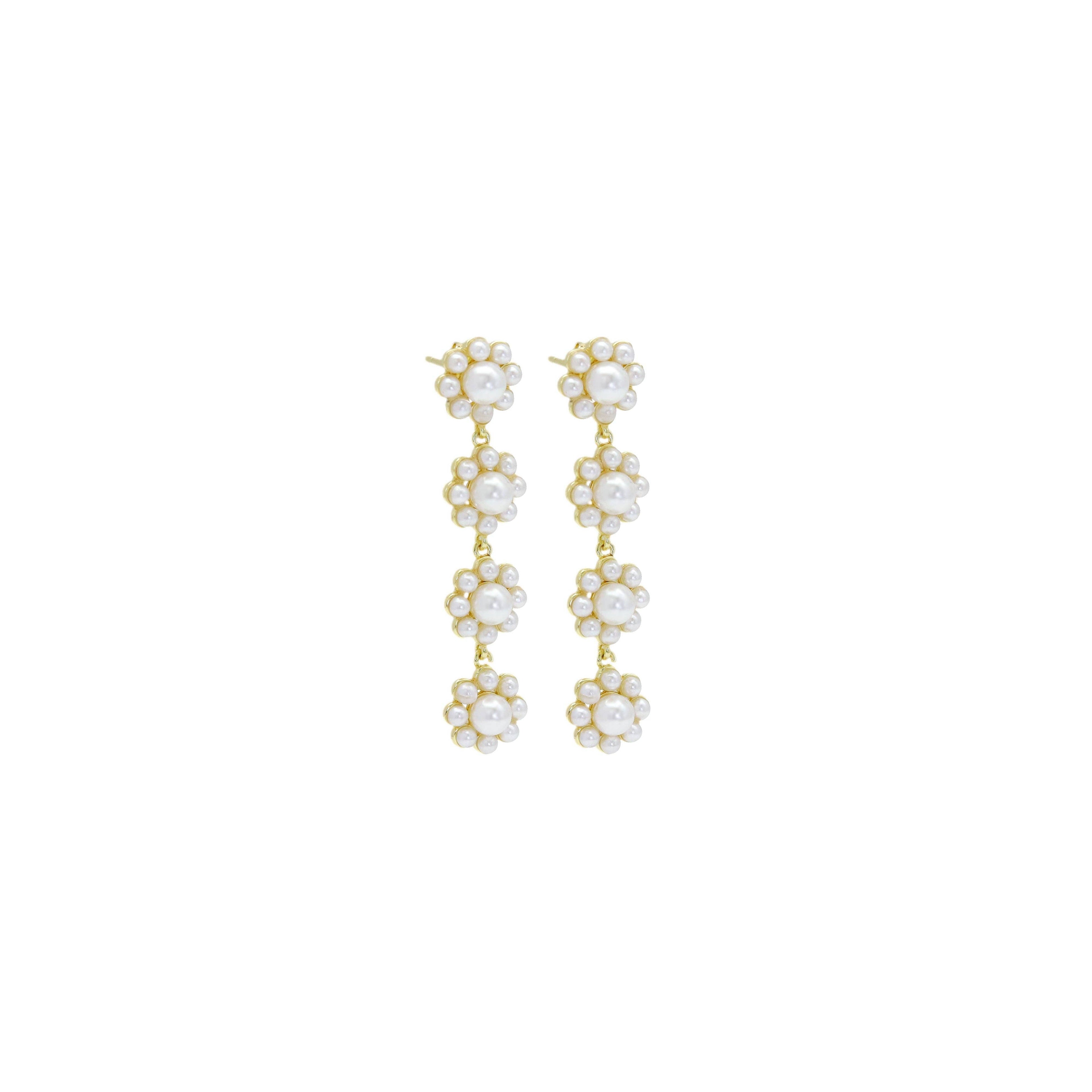 Gold White Pearl Flower long Earrings, Sku#LD532
