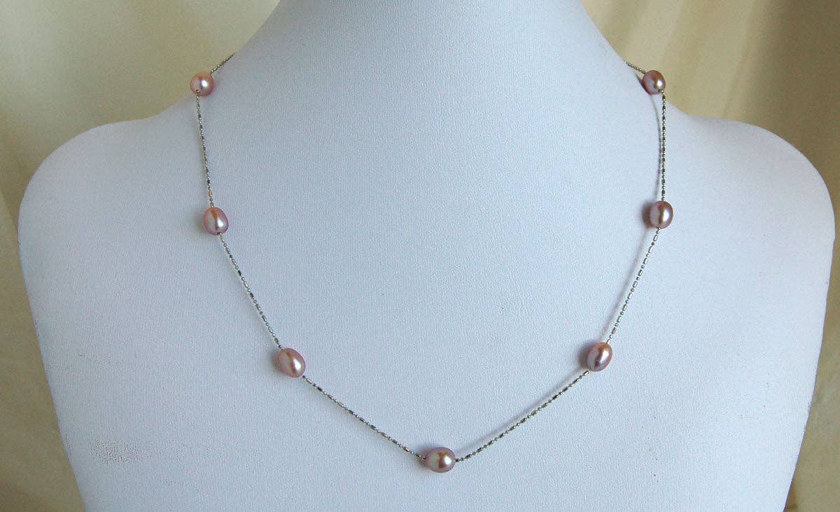 Freshwater Pearl Dainty Silver Chain Necklace, sku#PBW1