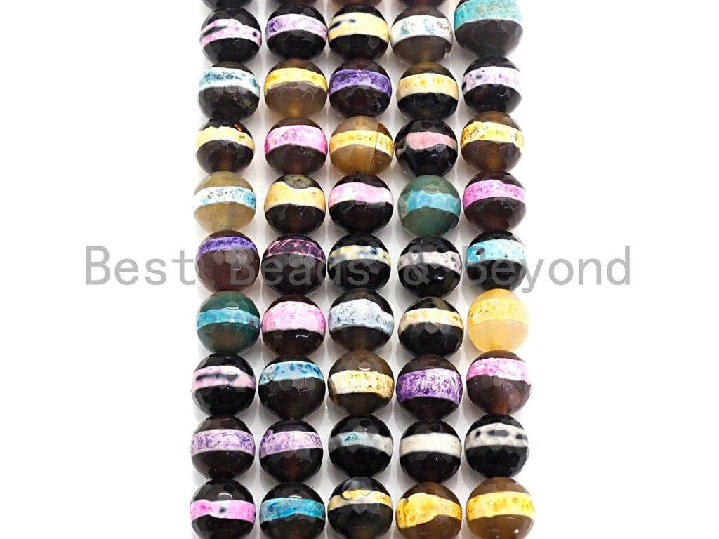 Dzi Agate faceted round beads with Rainbow line, 8mm/10mm/12mm/14mm, mixed color Tibetan beads, agate beads wholesale -15inch, sku#U628
