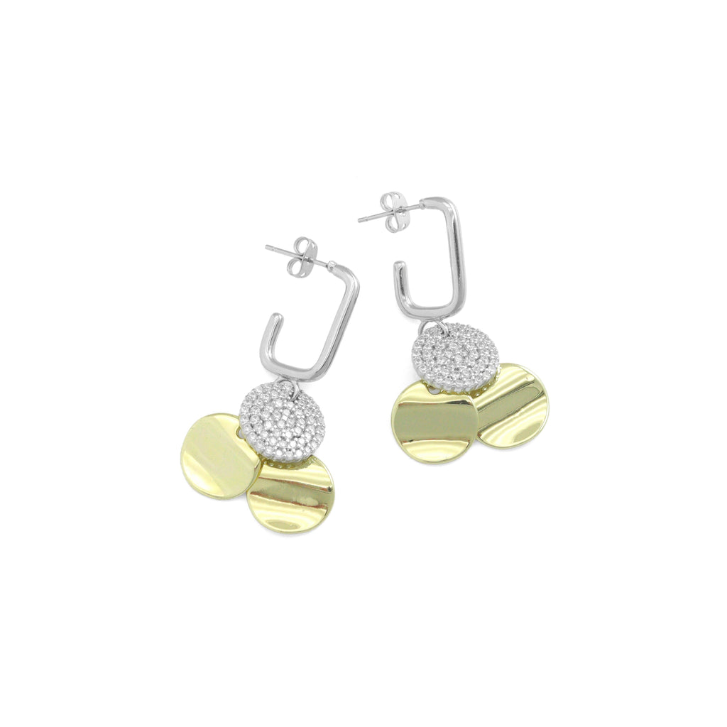 Gold Silver Dual Color Three Round Disc Coins Stud Earrings, Sku#LX828