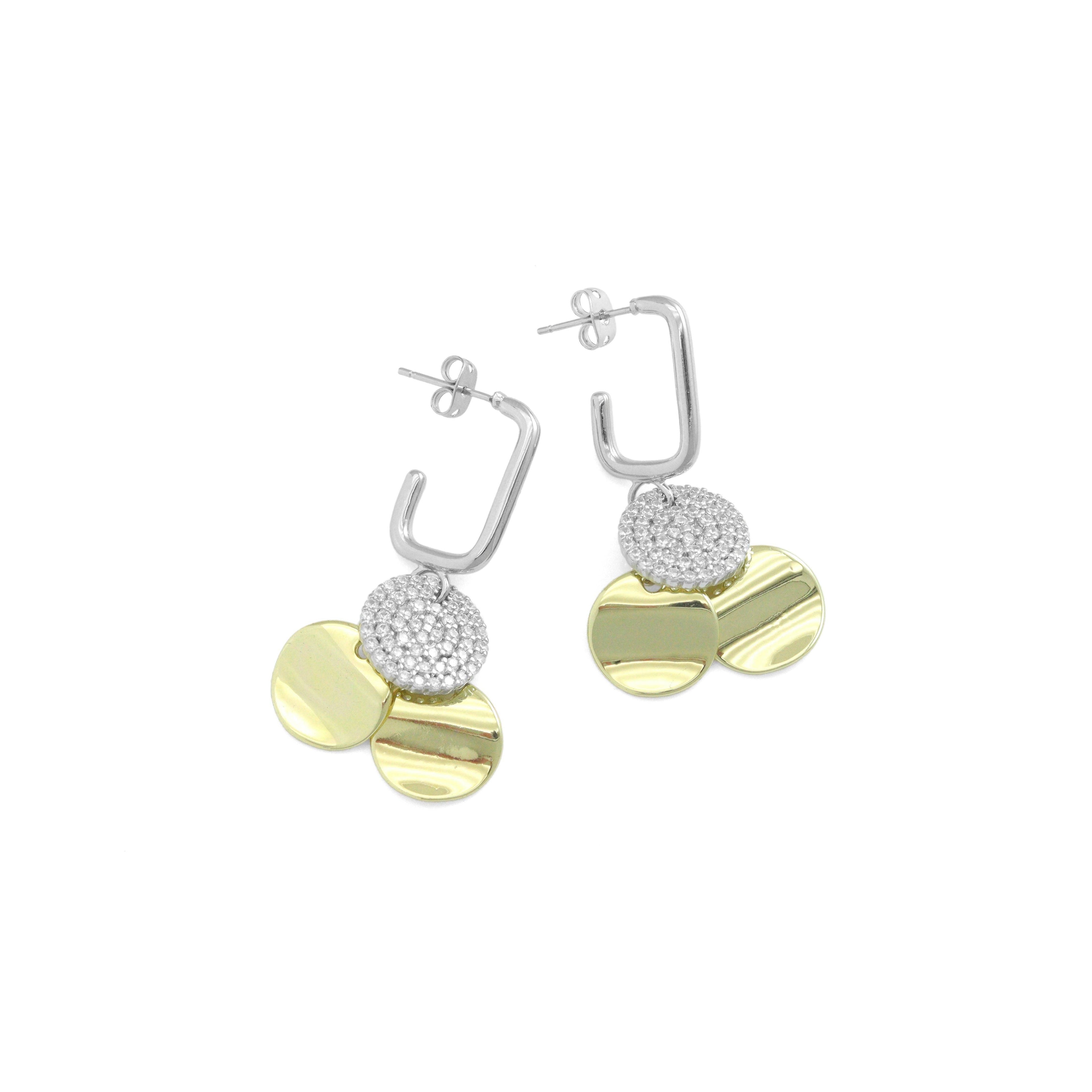 Gold Silver Dual Color Three Round Disc Coins Stud Earrings, Sku#LX828