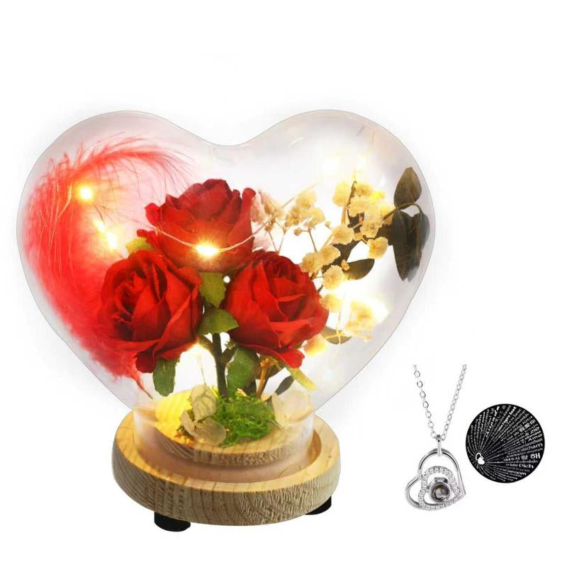 Handmade Rose Heart Glass Case with LED Lights & "I Love You" Necklace in 100 Languages Perfect for Valentine'S Day Anniversaries Birthdays Christmas Gifts for Women