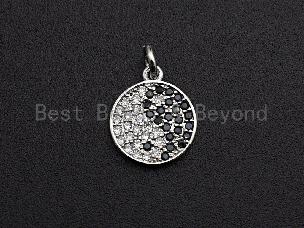 Clear Black CZ Micro Pave Tai Ji on Disc Pendant/Charm,Tai Ji CZ Pendant, Silver/Gold/Rose Gold/Black Tone,12x14mm,Sku#Z456