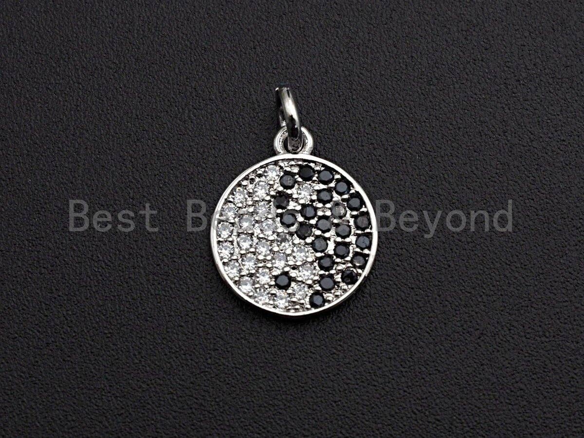 Clear Black CZ Micro Pave Tai Ji on Disc Pendant/Charm,Tai Ji CZ Pendant, Silver/Gold/Rose Gold/Black Tone,12x14mm,Sku#Z456