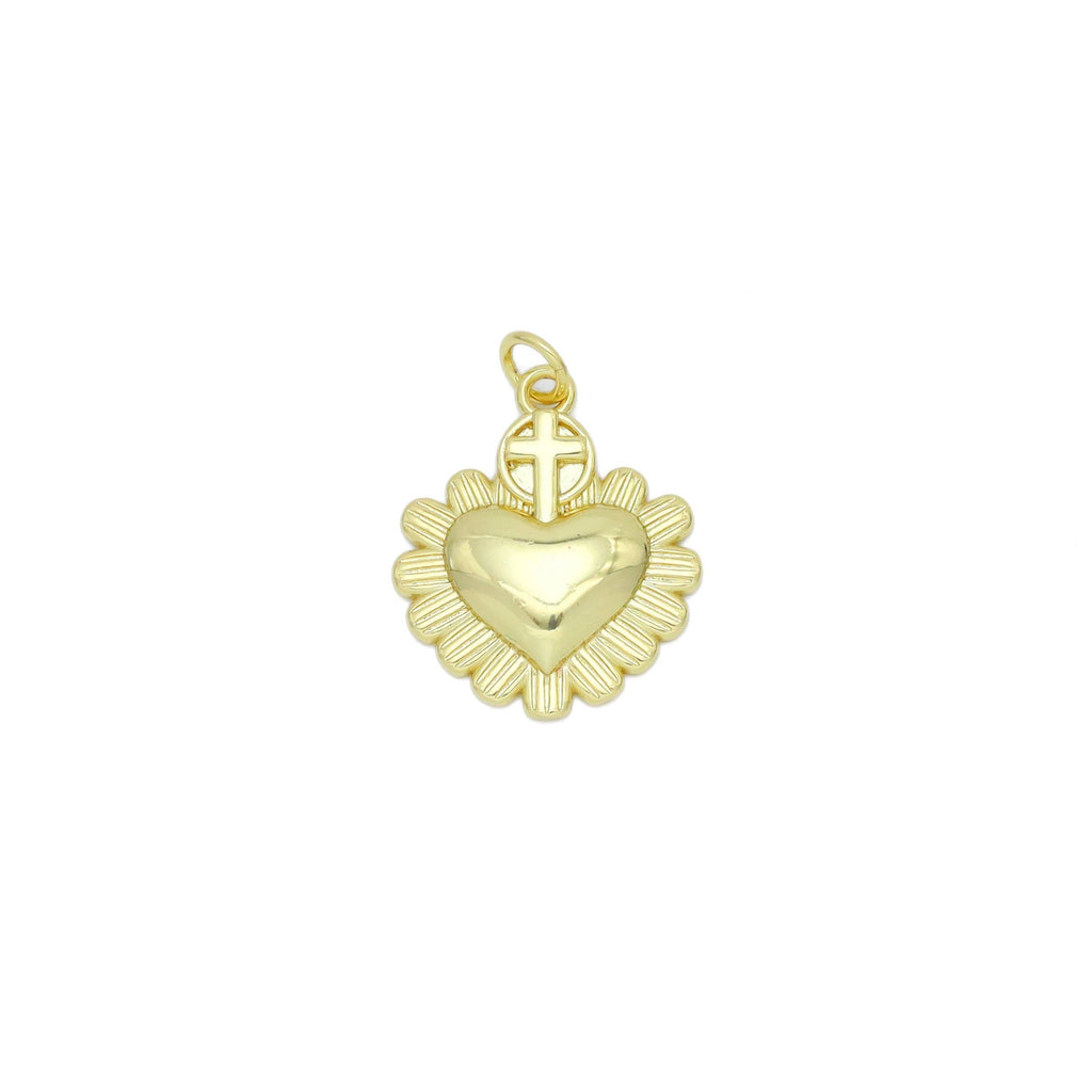 Gold Cross Flower Heart Charm Pendant, Sku#Y990