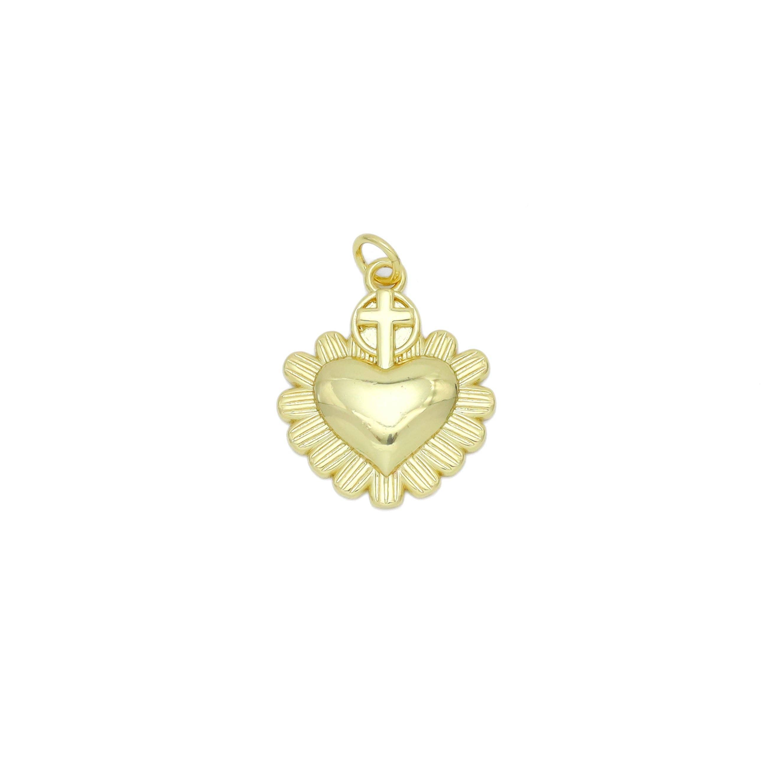 Gold Cross Flower Heart Charm Pendant, Sku#Y990