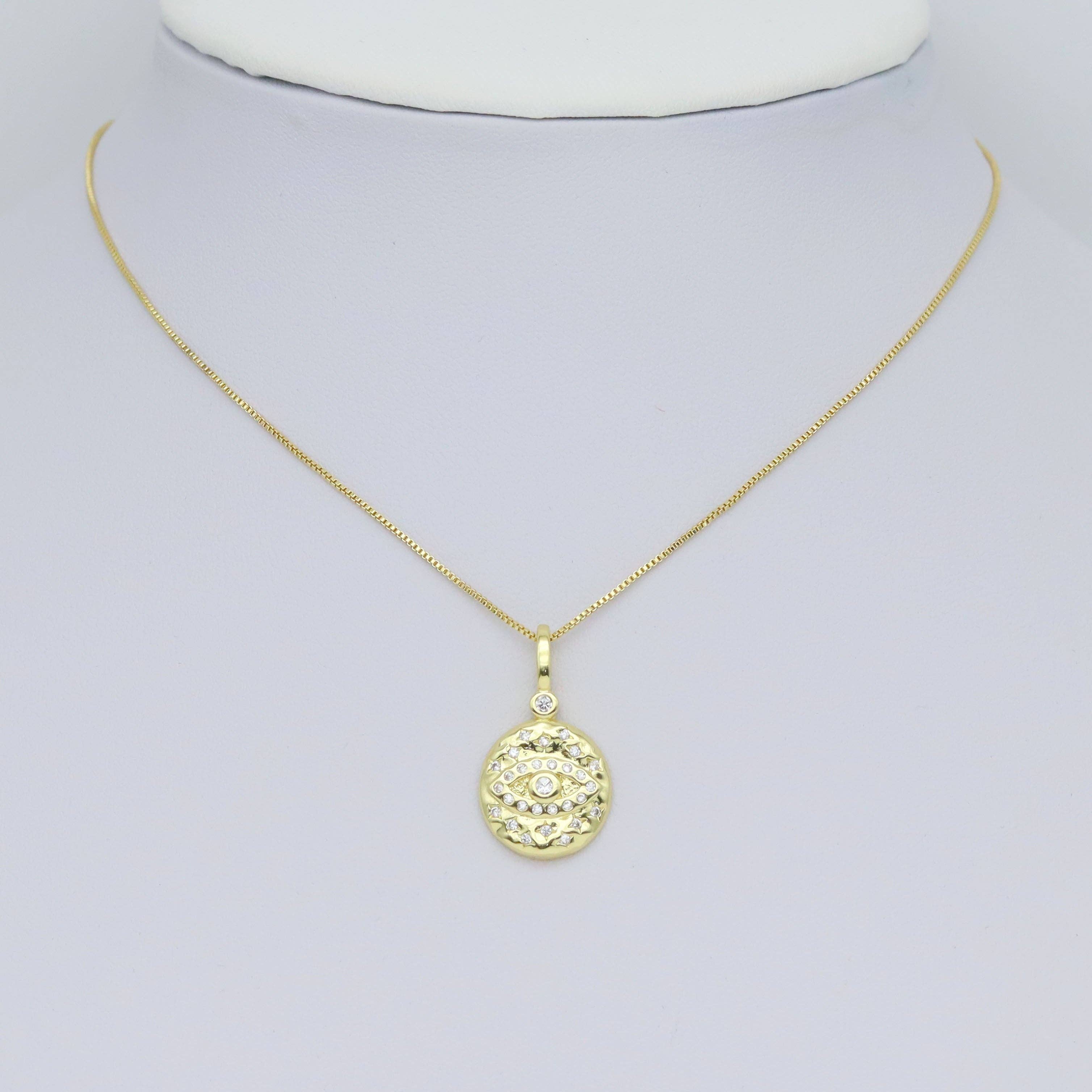 Hammered CZ Pave Evil Eye Coin Charm Pendant, Sku#LX575
