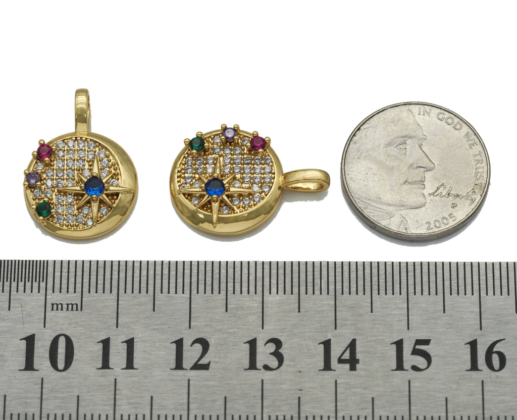 Colorful CZ Gold North Star On Round Coin Charm, Sku#Y755
