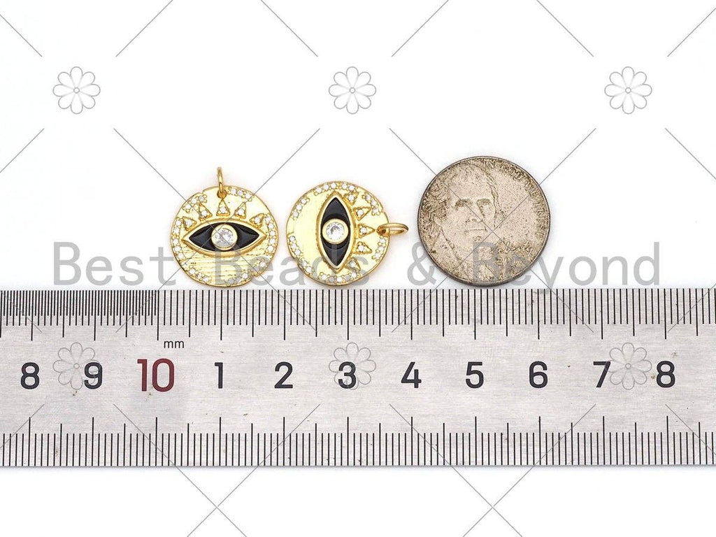 CZ Micro Pave Evil Eye On Round Coin Shape Pendant,18K Gold Filled Enamel Evil Eye Charm, Necklace Bracelet Charm Pendant, 17x16mm,Sku#Y508