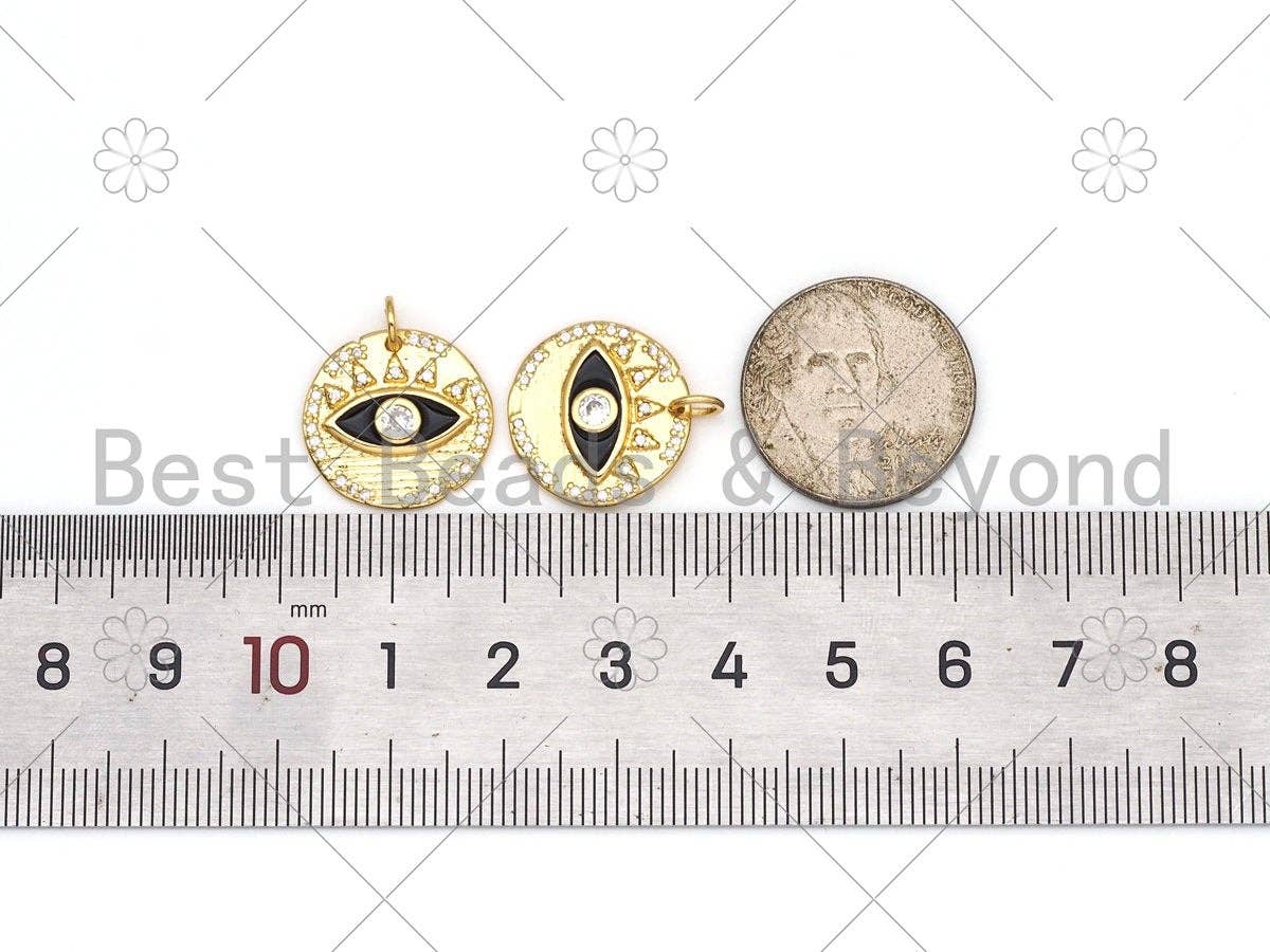 CZ Micro Pave Evil Eye On Round Coin Shape Pendant,18K Gold Filled Enamel Evil Eye Charm, Necklace Bracelet Charm Pendant, 17x16mm,Sku#Y508