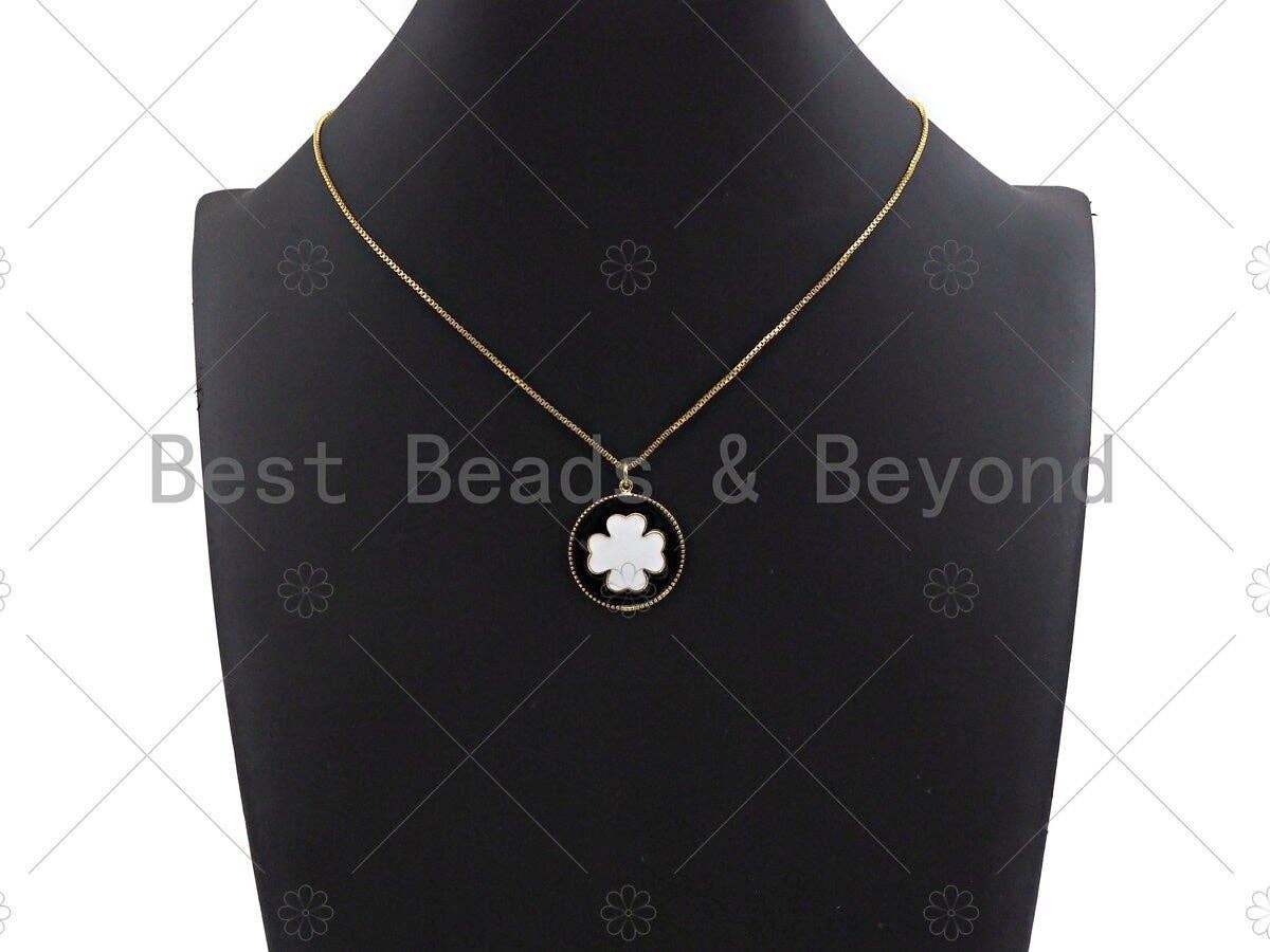 White Enamel Clover On Black Round Coin Pendant,CZ Micro Pave Enamel pendant,Enamel pendant,Enamel Jewelry,24x27mm,sku#Z1213