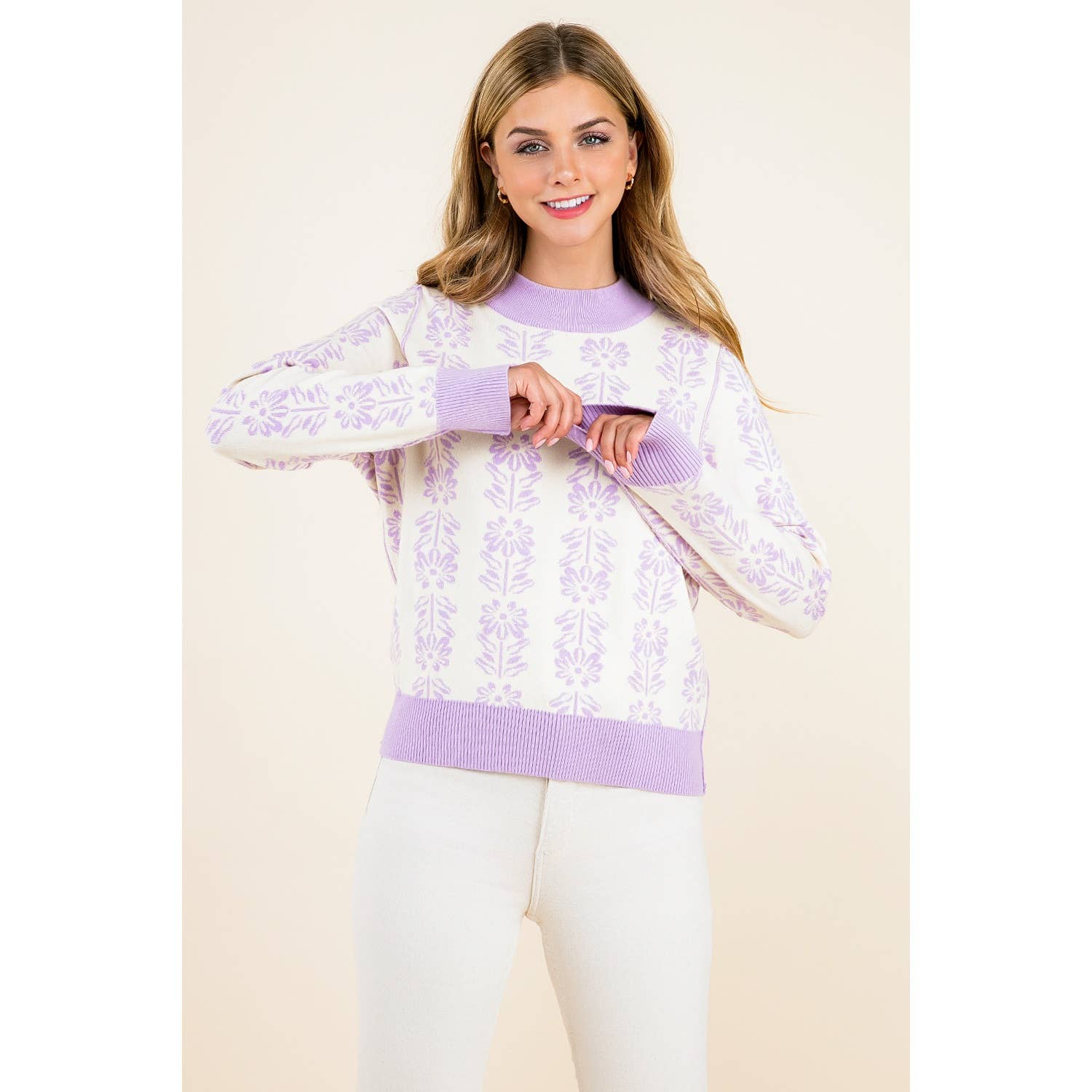 Leyla - Long Sleeve Floral Pattern Knit Pullover Sweater
