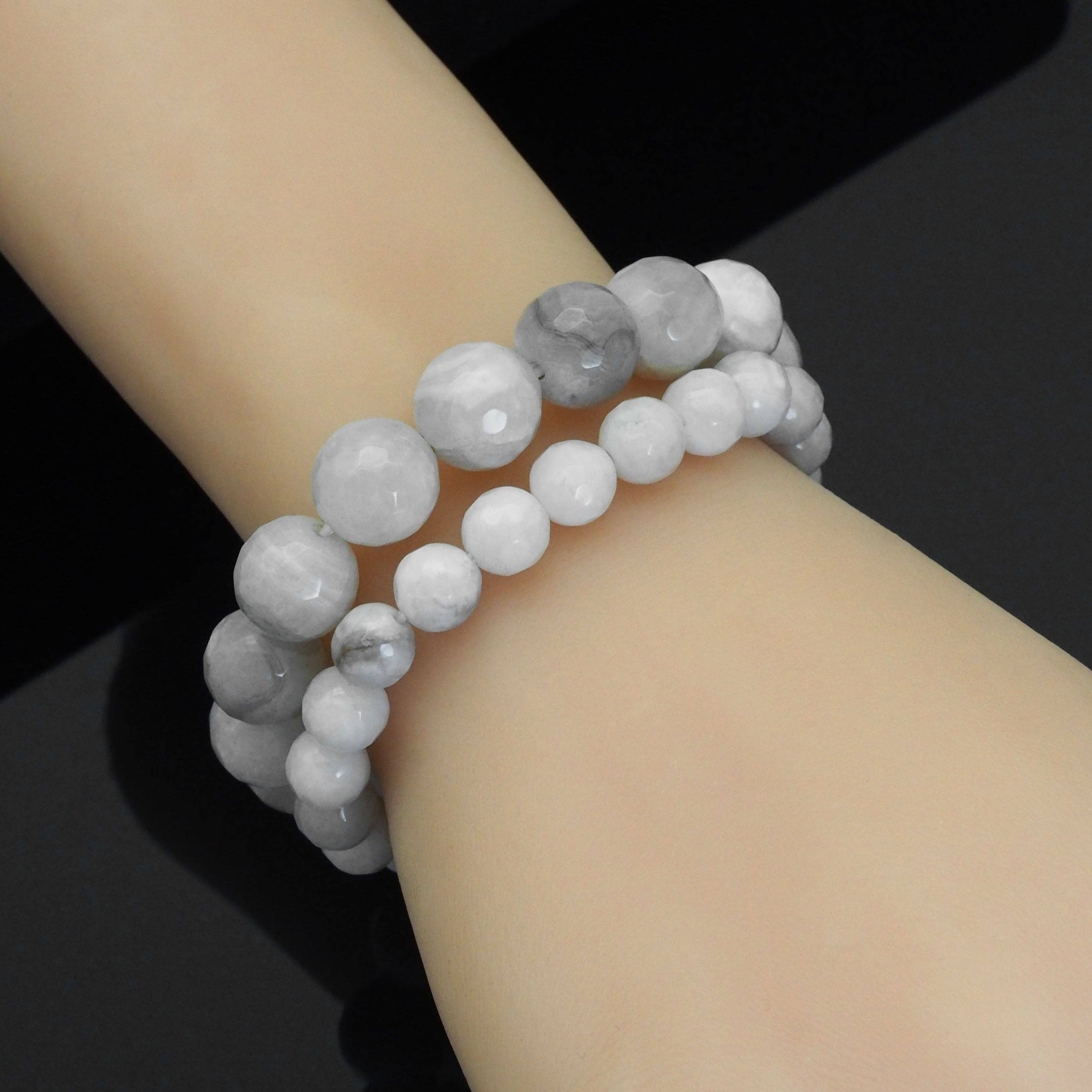 Genuine White Lace Agate Round Faceted Stretchy Bracelet, 8mm/10mm/12mm, Sku#EF364