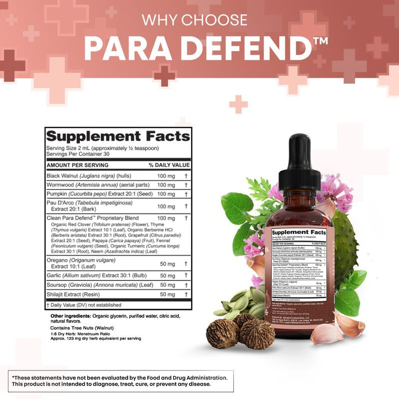 Para Defend Black Walnut Liquid Drops with Sweet Wormwood, Soursop, Garlic, Pumpkin Seed, Pau D'Arco, Oregano, Turmeric, Berberine and Neem Tincture