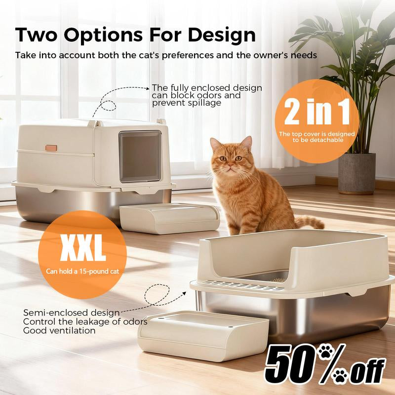 【For Big Cats】Extra Large Stainless Steel Cat Litter Box with Lid XL Enclosed Metal Litter Box for Large Cats, Features High Sidewalls, Removable Cover, Leak-Proof, Non-Stick, Easy to Clean, Beige Color