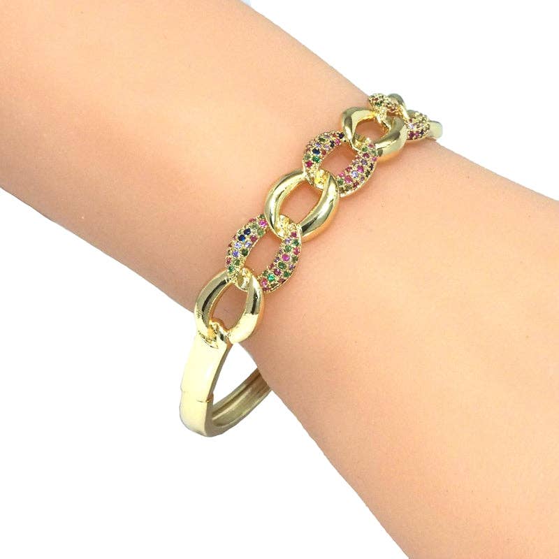 Colorful CZ Oval Link Gold Adjustable Bracelet, Sku#LD404