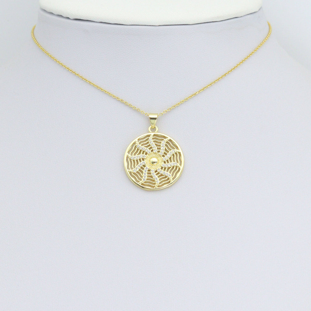 CZ Gold wheel On Spider Web Charm Pendant, Sku#LK1189