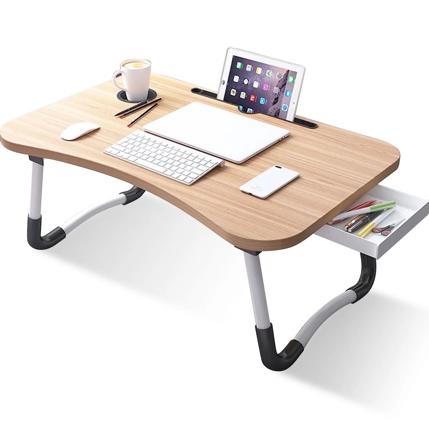 PHANCIR Escritorio Plegable Para Regazo, Mesa Portátil De Madera Para Laptop De 23.6 Pulgadas, Organizador De Oficina Para Espacio De Trabajo, Bandeja Para Cama Y Sofá Con Ranuras/Portavasos/Cajón, Antideslizante Para Leer Escribir Comer Ver, Nogal