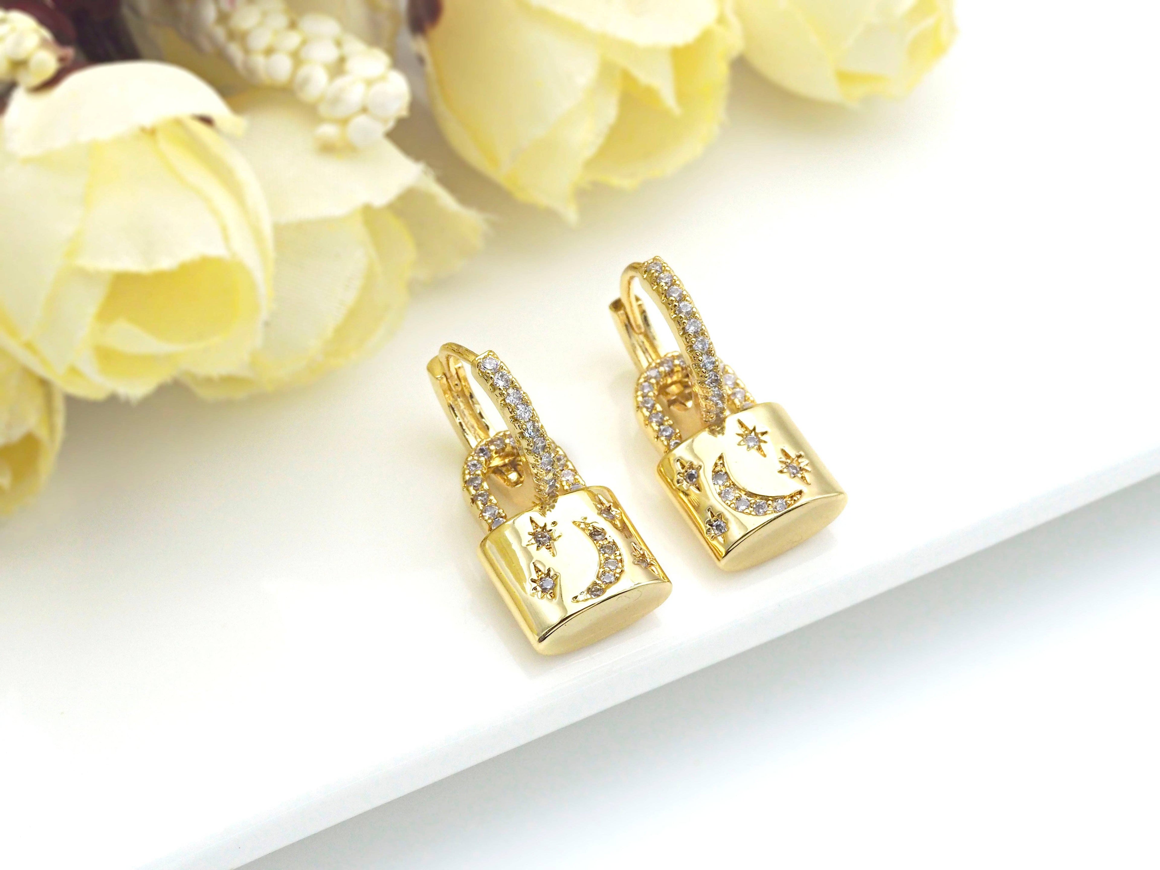CZ Gold Silver Star Moon Lock Hoop Earrings, Sku#O09