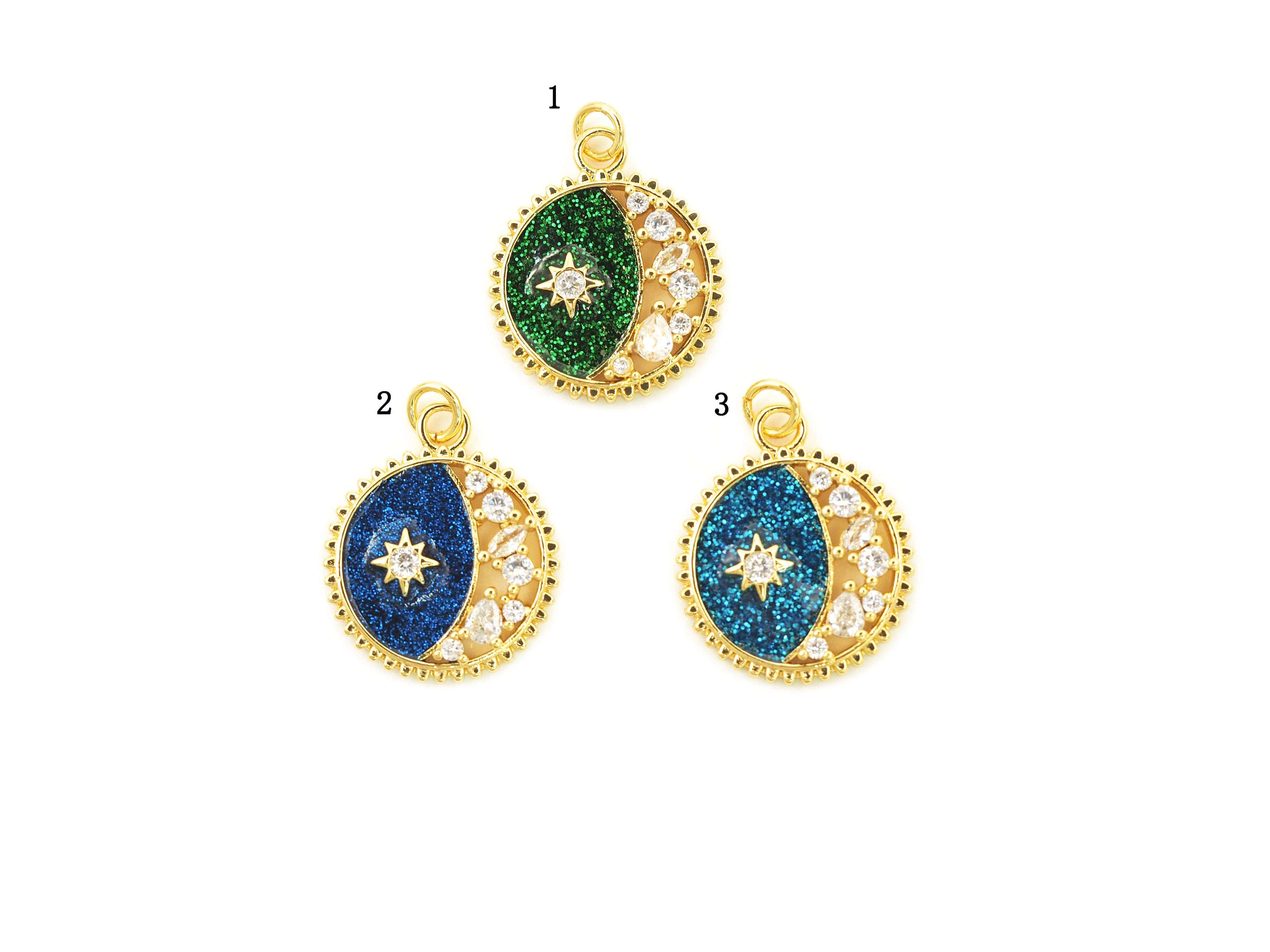 Clear CZ  Enamel Moon Star Charm, Sku#F1456C