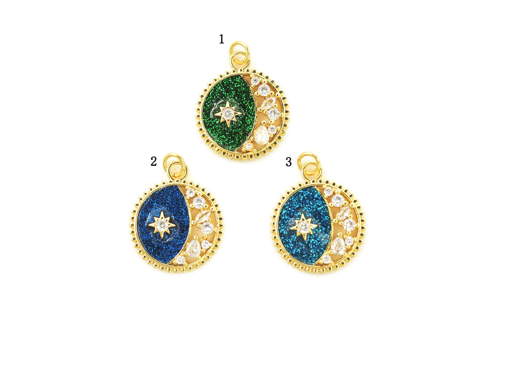 Clear CZ  Enamel Moon Star Charm, Sku#F1456C