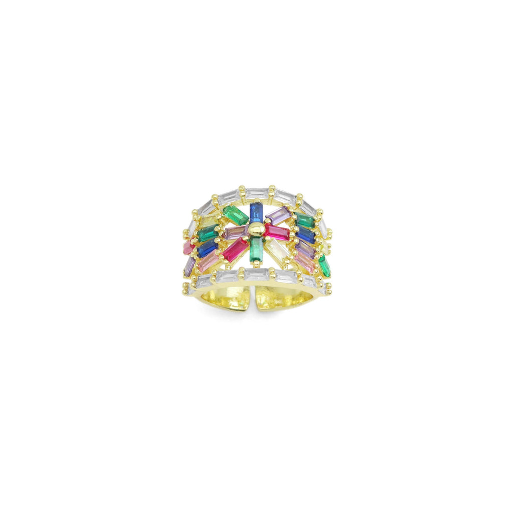 Colorful Baguette CZ Gold Adjustable Ring, Sku#LX499