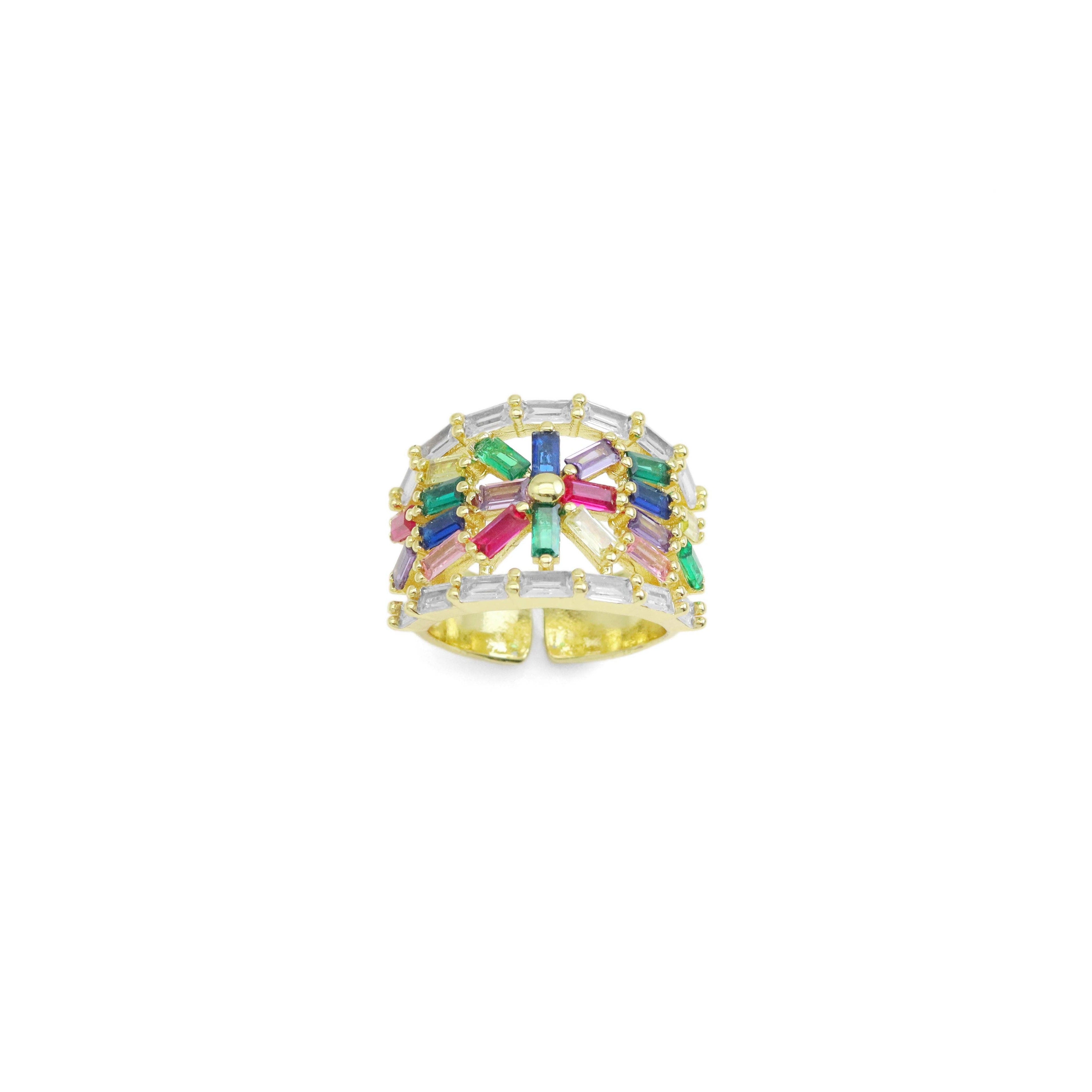 Colorful Baguette CZ Gold Adjustable Ring, Sku#LX499