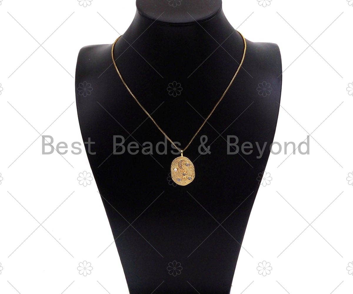 CZ Micro Pave Moon Star Evil Eye Star On oval Shape Pendant/Charm,CZ 14K Dainty Gold Charm, Necklace Bracelet Charm Pendant,21x32mm,Sku#CP19