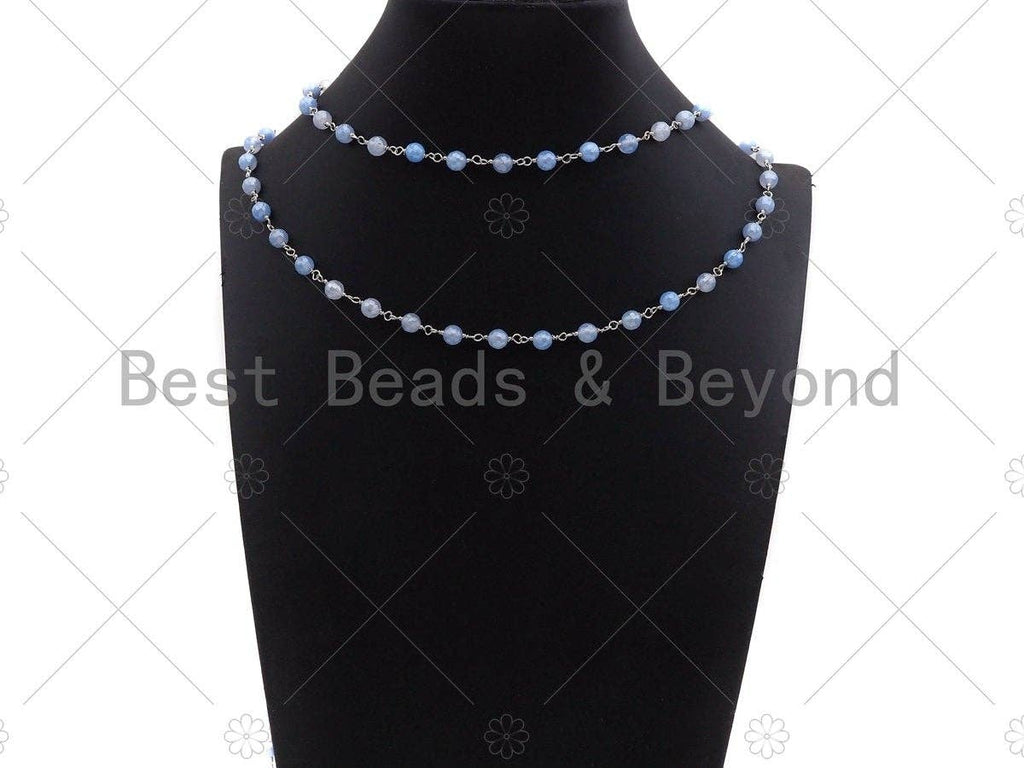 Mystic Blue Agate Faceted Tiger Eye Rosary Chain, 6mm Beaded Chain, Wire Wrapped Silver Plated Chain,Sku#V92