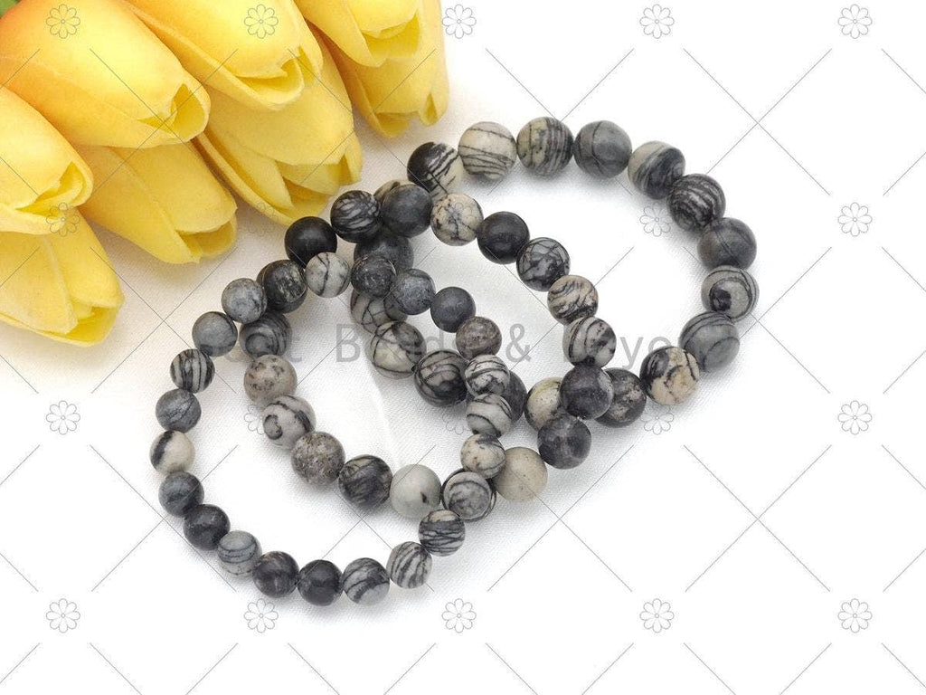 Black Cream Web Jasper Stretchy Bracelet, Sku#EF80