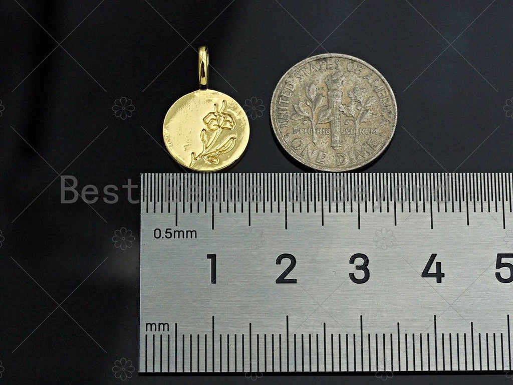 18k Shiny Gold Rose Flower On Round Coin Charms, Dainty Gold Charms, Flower Pendant, Gold Pendant, Round Necklace Charms, 12x18mm, Sku#Z1175