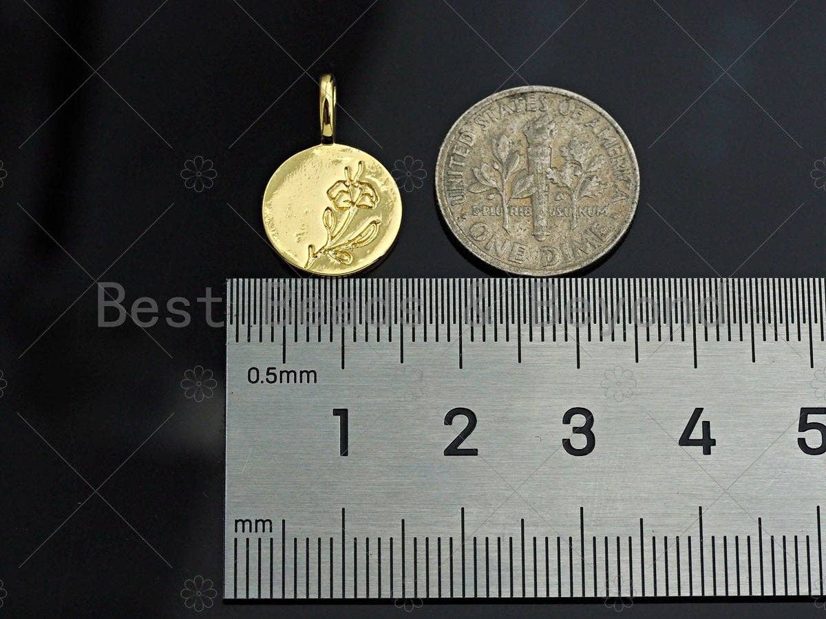 18k Shiny Gold Rose Flower On Round Coin Charms, Dainty Gold Charms, Flower Pendant, Gold Pendant, Round Necklace Charms, 12x18mm, Sku#Z1175