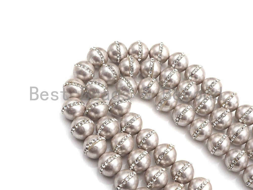 6mm/8mm/10mm/12mm SLIVER GRAY Pearl with Rhinestone Inlaid, Silver Gray Round Mother of Pearl Beads, 15.5'' Full strand, Sku#V61