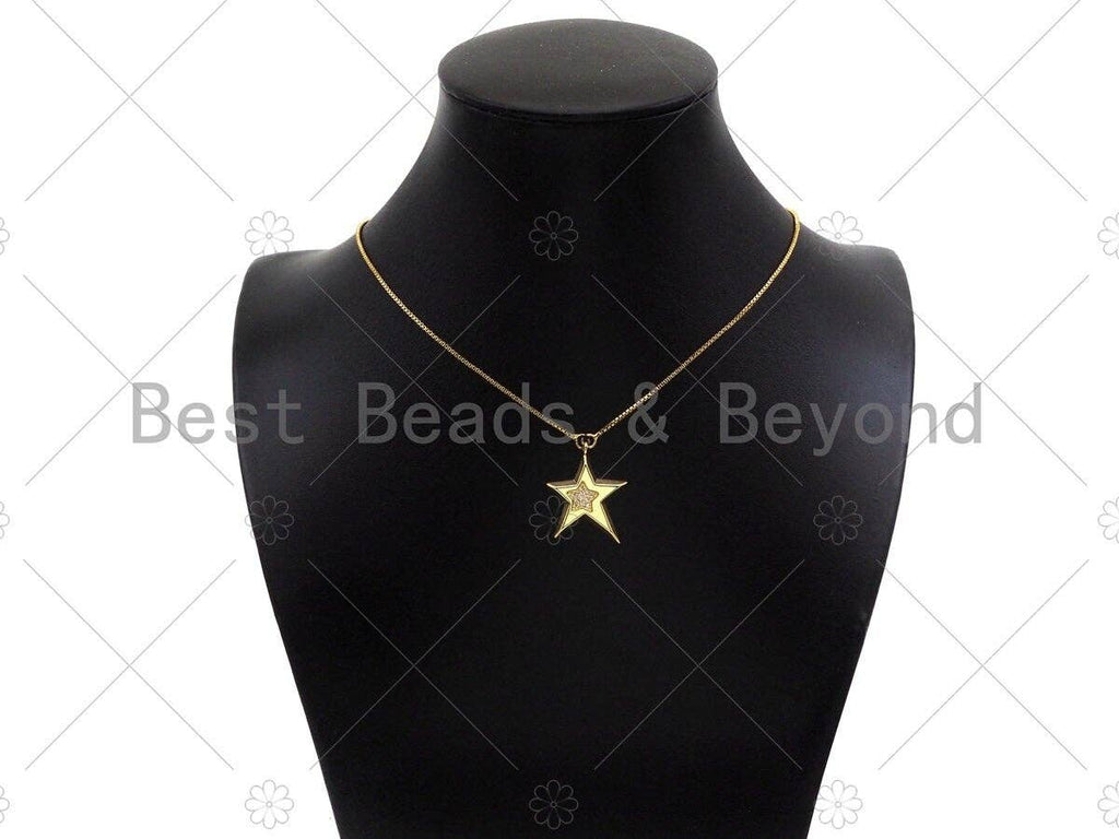 CZ Micro Pave Five Point Star on Fiver Point Star Shape Pendant,Cubic Zirconia Gold Charm, Necklace Bracelet Pendant, 22x27mm, Sku#Y418