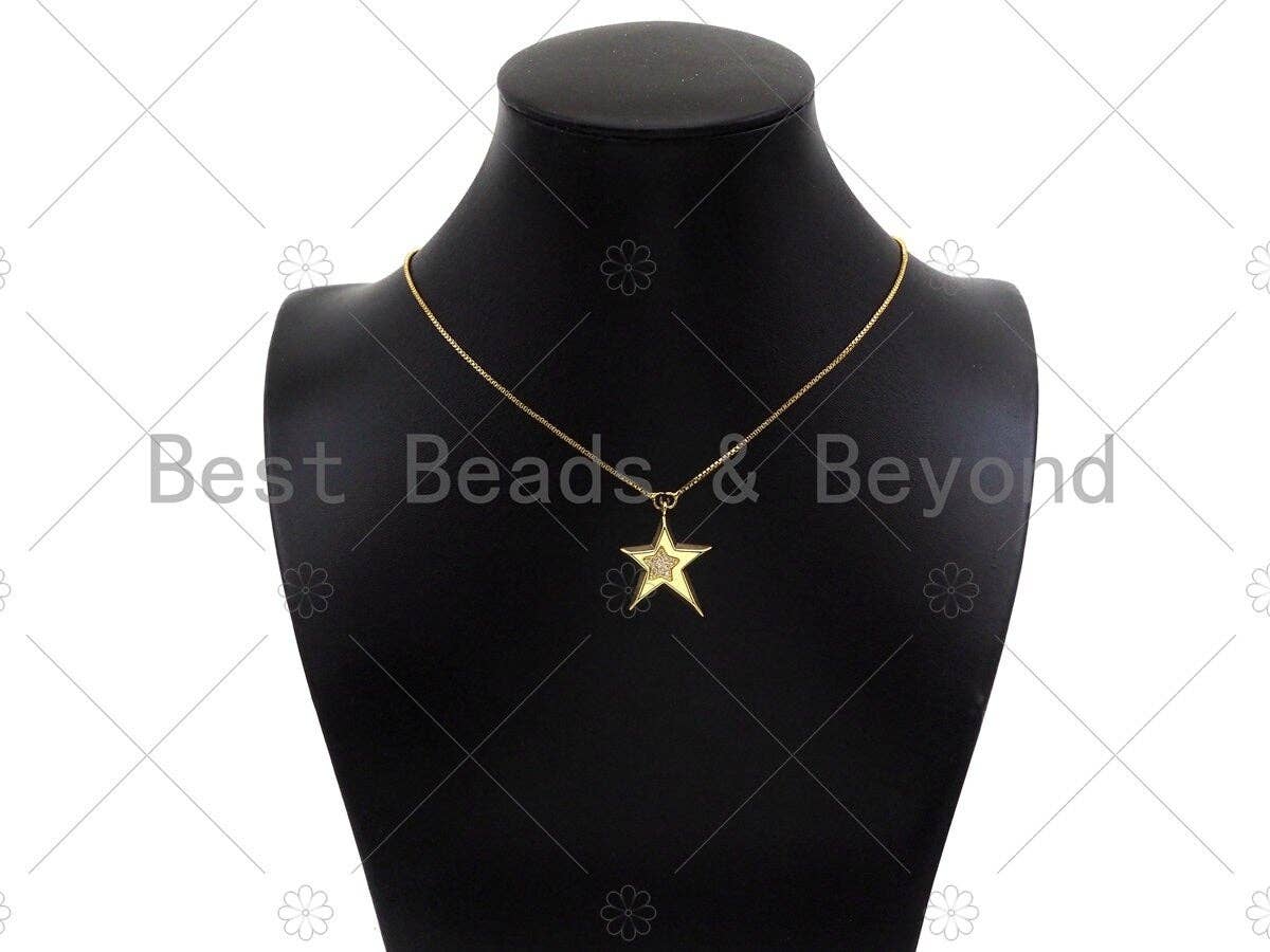 CZ Micro Pave Five Point Star on Fiver Point Star Shape Pendant,Cubic Zirconia Gold Charm, Necklace Bracelet Pendant, 22x27mm, Sku#Y418