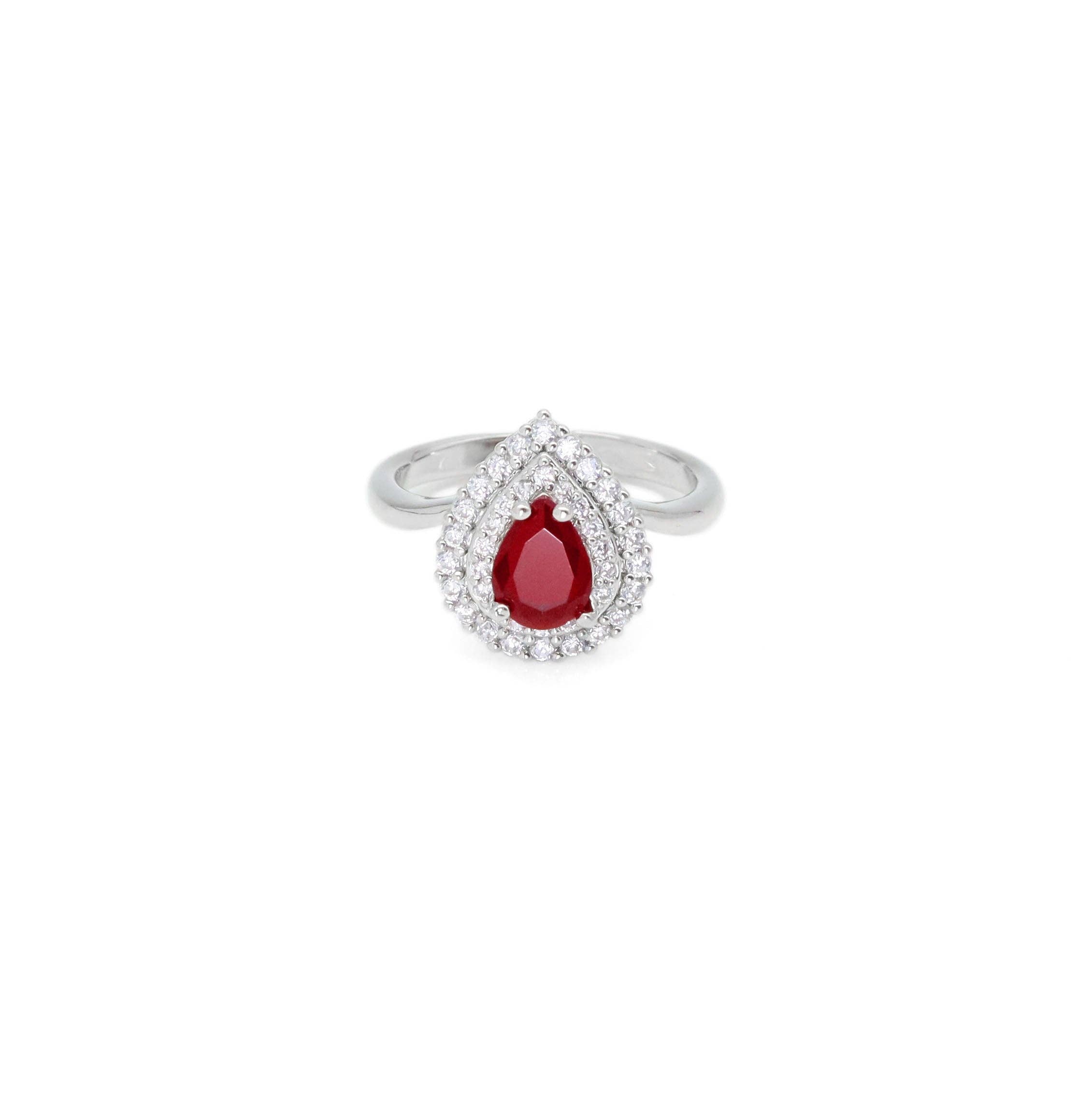 Red Teardrop CZ Silver Adjustable Ring, Sku#A160