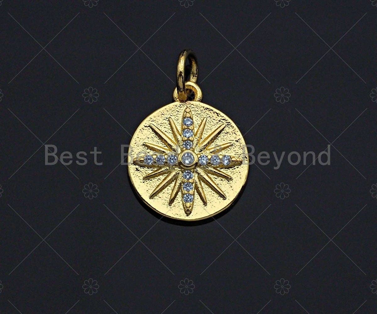 18K Gold Finish Dainty Star Coin Charm, Cross Gold Coin Charm, Star disc Pendant, 12mm, sku#Z1137