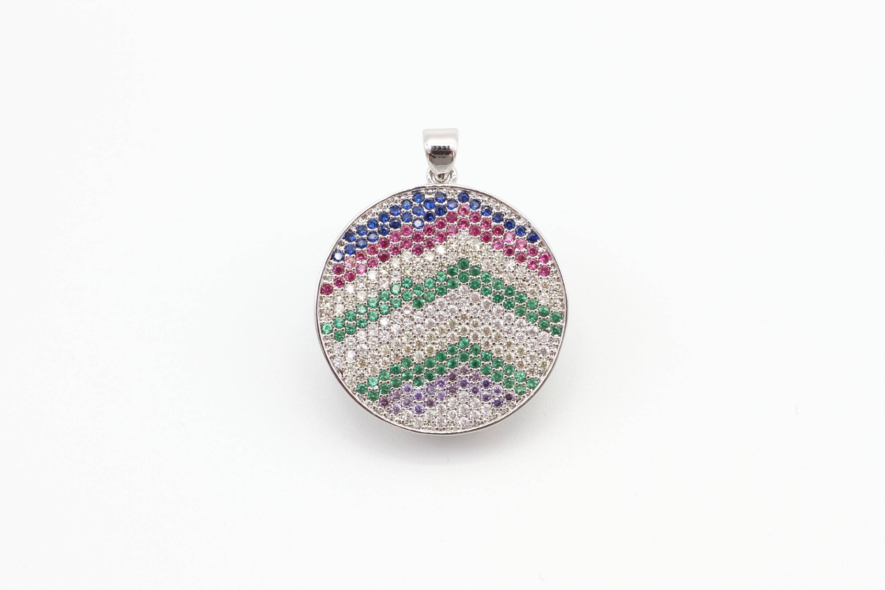 CZ Micro Pave Mixed Color Zigzag Round Disc Pendant, Cubic Zirconia Necklace Pendant, 25x31mm, sku#F3