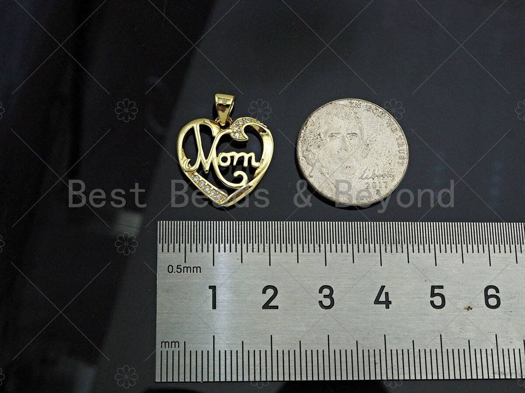 Gold Filled CZ Micro Pave Mom word On Heart Shape Pendant, 18K Gold Filled Heart Charm, Mother's Day,Necklace Pendant,18x18mm,Sku#LD123