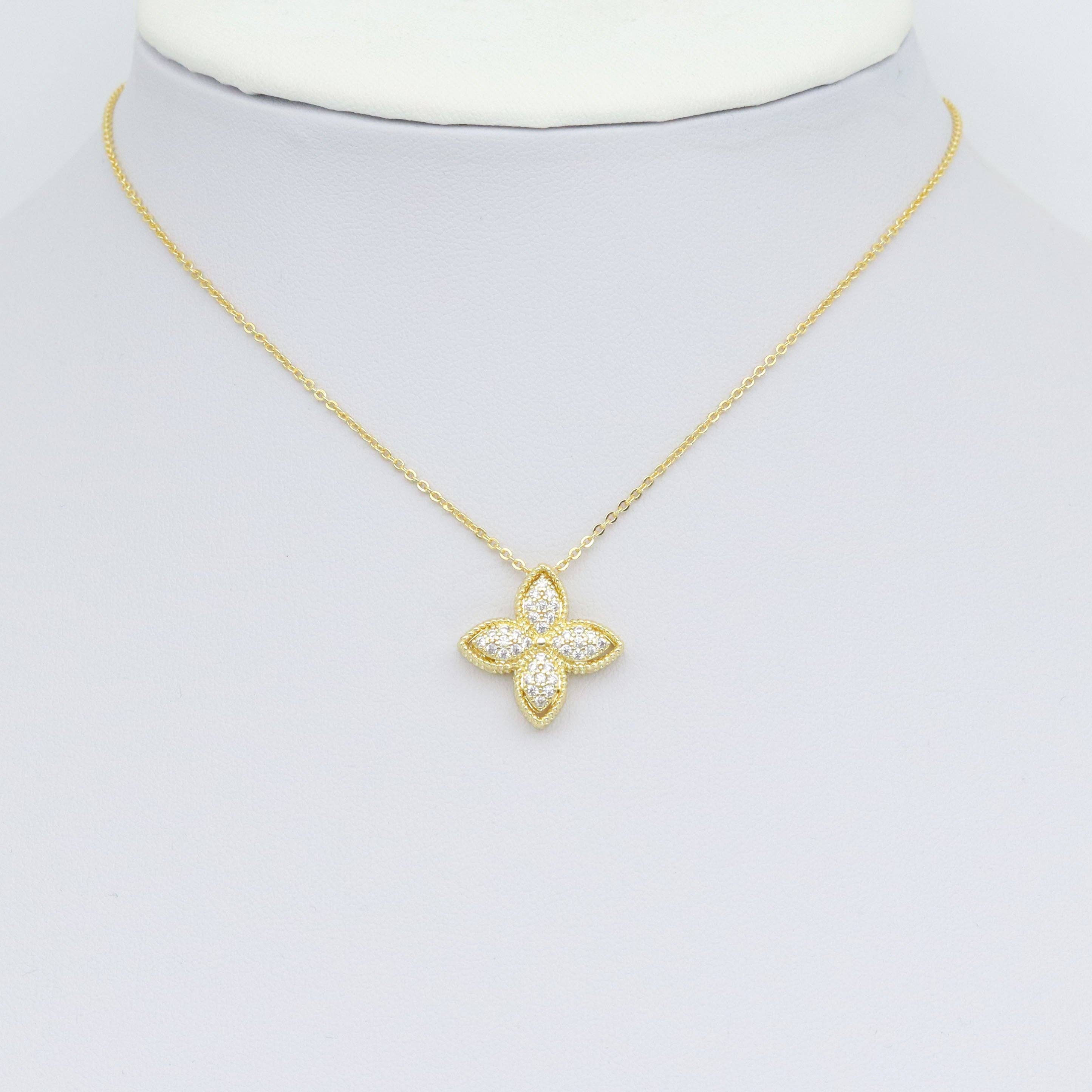 Gold Clear CZ Flower Stud Earrings pendant Charm set, Sku#LK1019