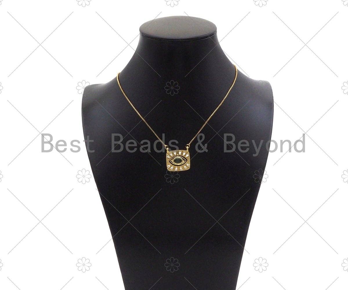 CZ Micro Pave Green Evil Eye On Square Shape Pendant,18K Gold Filled Evil Eye Charm, Necklace Bracelet Charm Pendant,21x21mm,Sku#Z1341