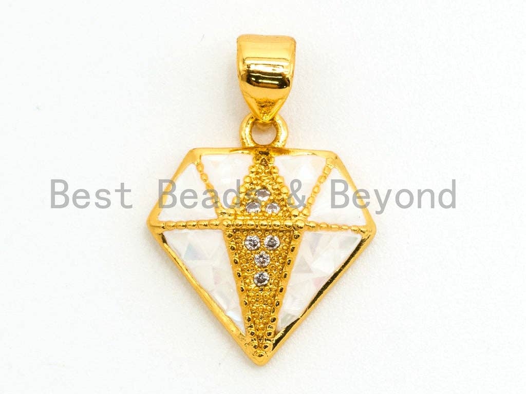 CZ Micro Pave and Mother of Pearl MOP diamond shaped Pendant, Cubic Zirconia Charm/Pendant, rhinestones Jewelry Findings,14x16mm, sku#Z39