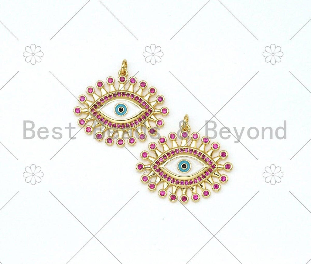 18k Gold Filled Fuchsia CZ Micro Pave Evil Eye Shape Pendant/Charm,Evil Eye CZ Pendant,Gold Tone,30x25mm,Sku#Y501