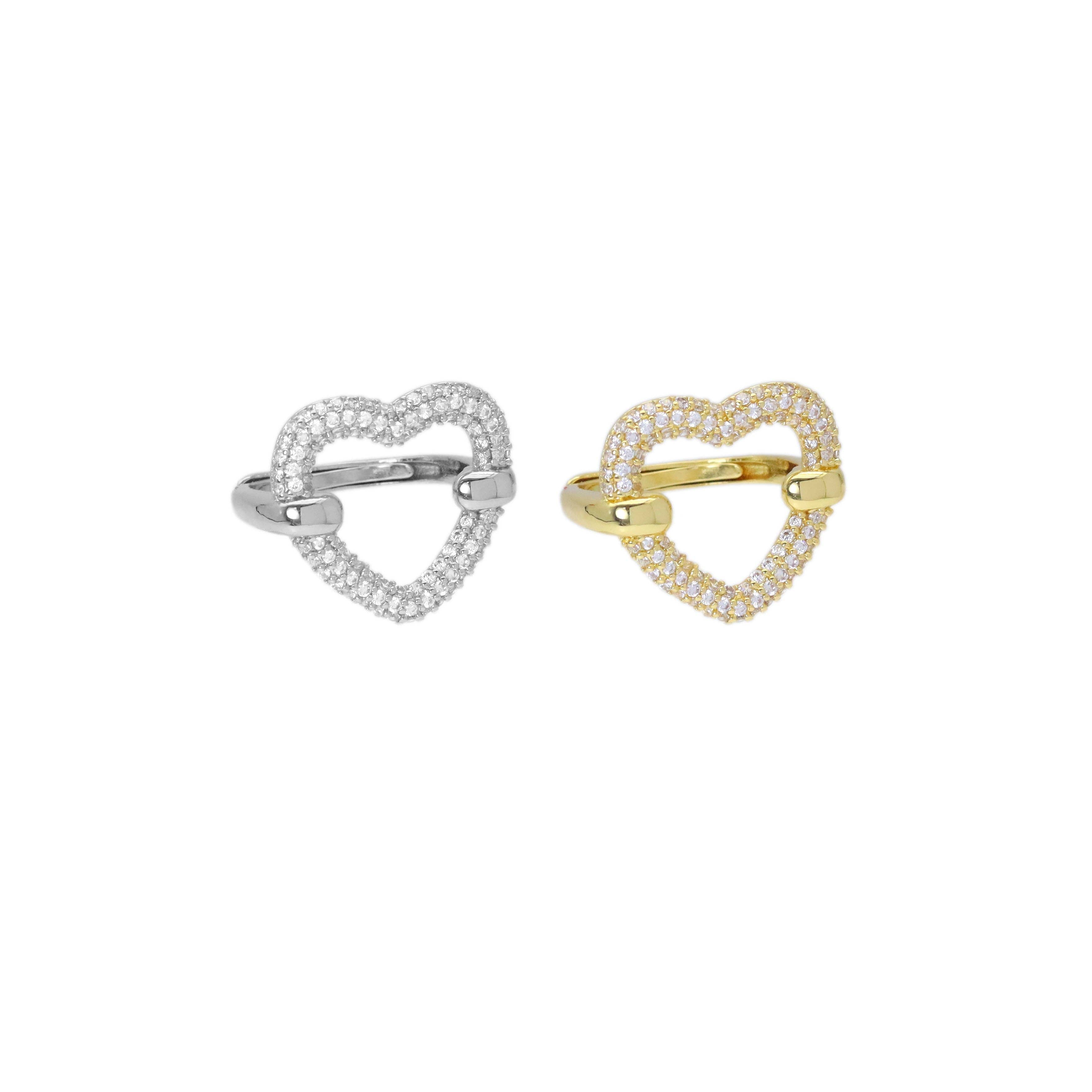 Clear CZ Open Heart Gold Silver Adjustable Ring, Sku#A172