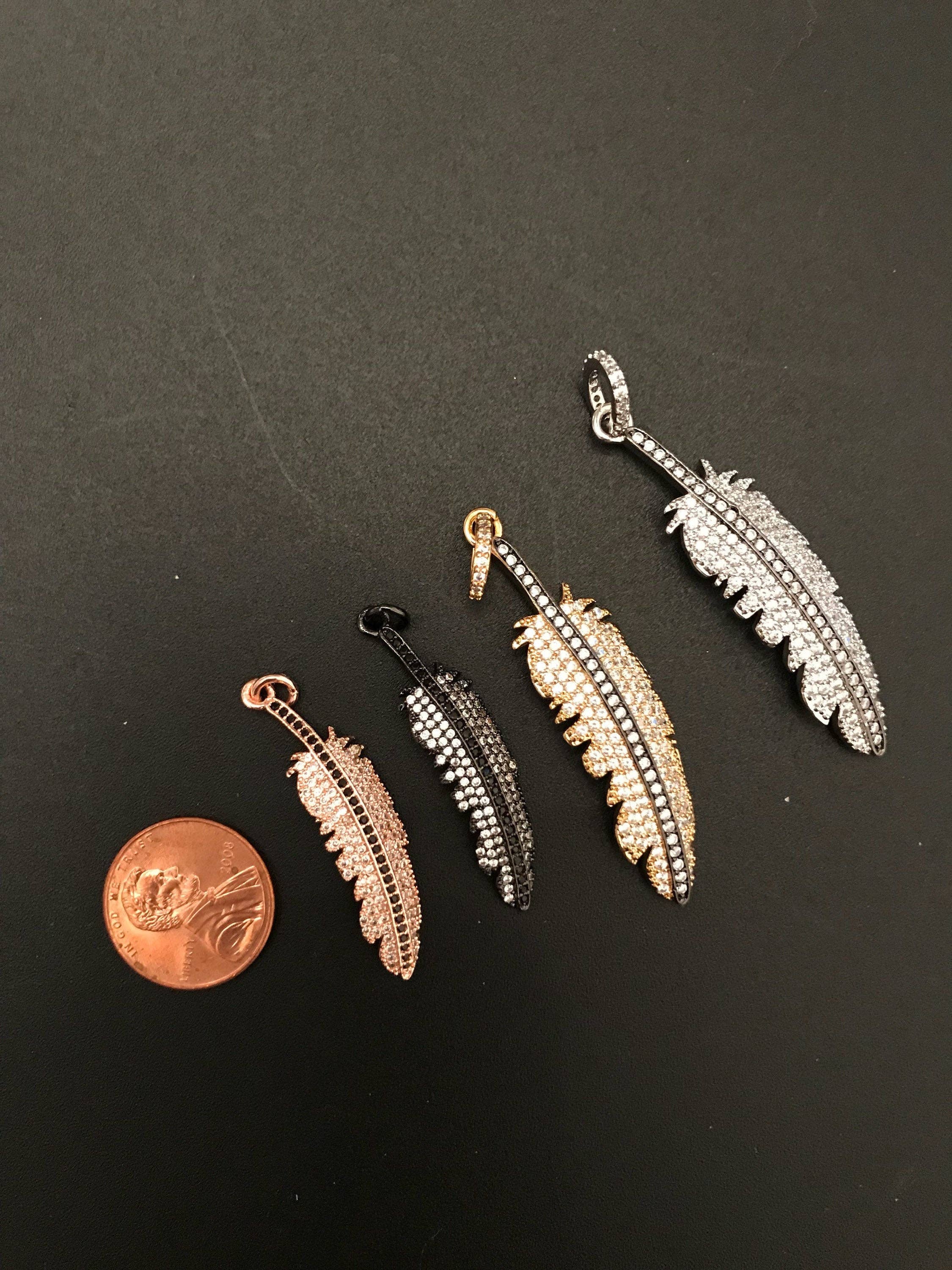 CZ Micro Pave Feather Pendant with Jump Ring, Cubic Zirconia Pendant/Charm,44x12mm,sku#F97C