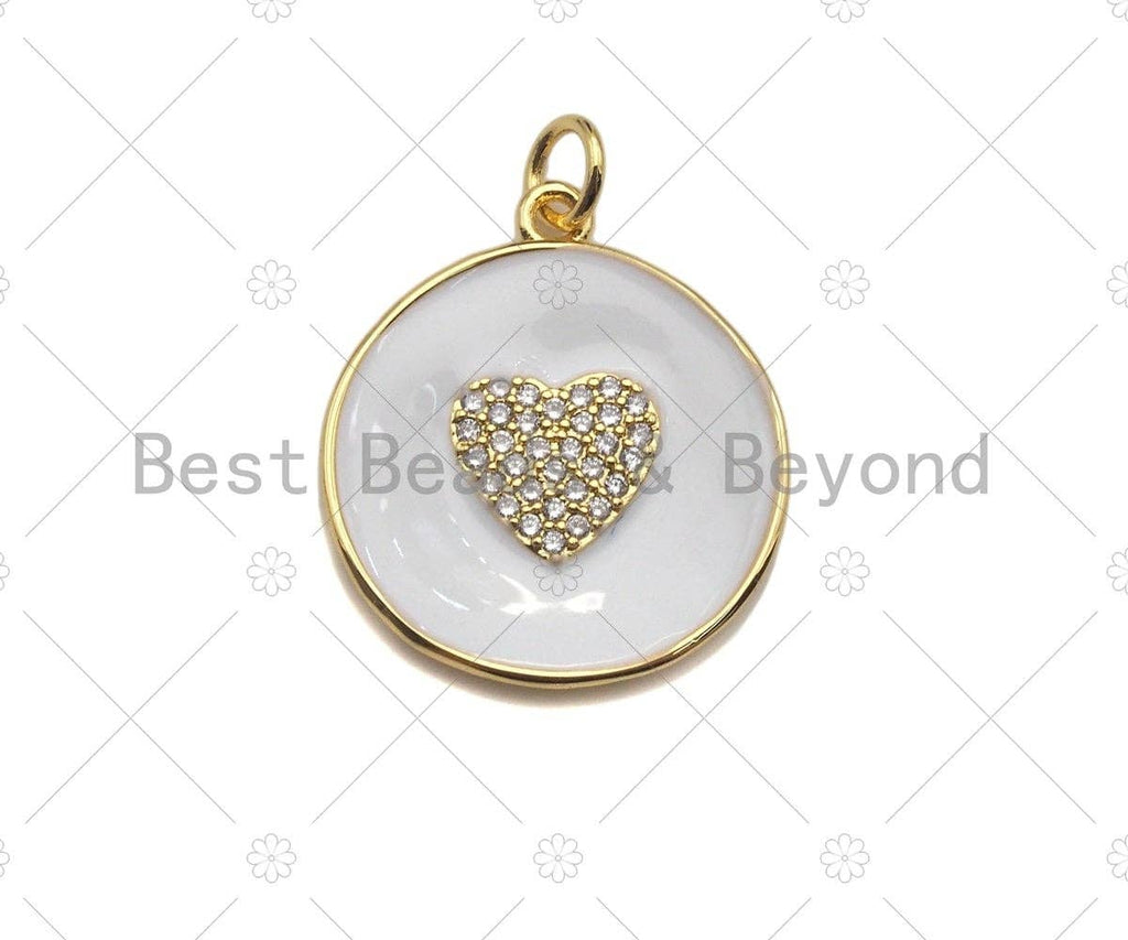 White Enamel Heart On Round Coin Pendant,CZ Micro Pave Enamel pendant,Enamel Charm,Enamel Jewelry,20x23mm,sku#Z1239