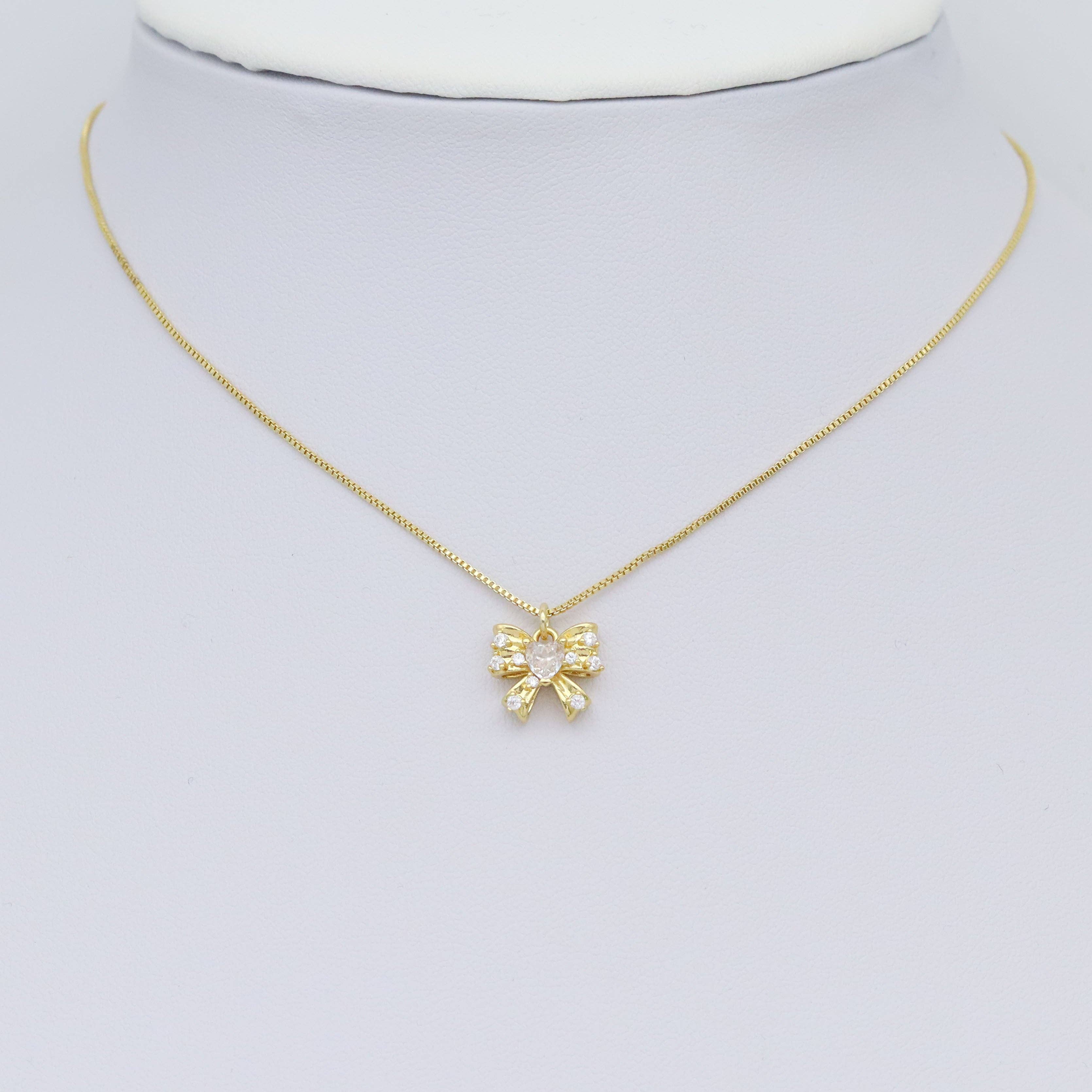 Dainty CZ Gold Silver Bow Charm Pendant, Sku#A321