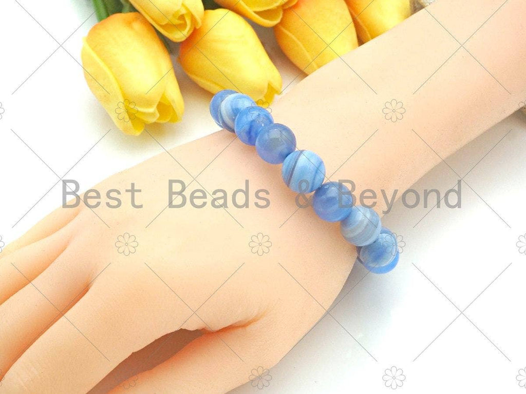 Natural Blue Banded Agate Stretchy Bracelet,SKU#EF12c