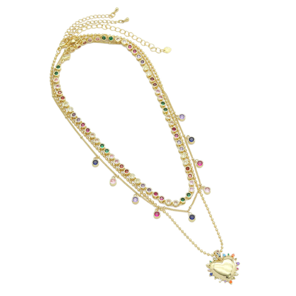 Multicolor CZ Gold Chain Heart Charm Necklace set, Sku#EF537
