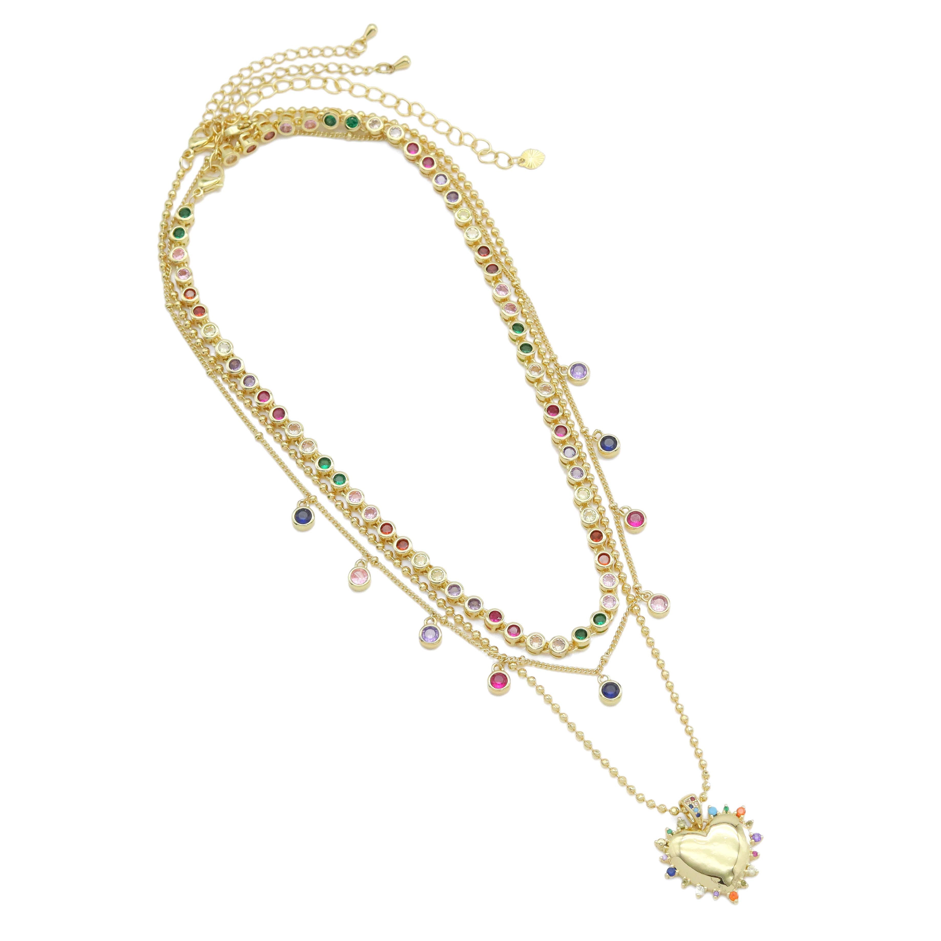 Multicolor CZ Gold Chain Heart Charm Necklace set, Sku#EF537